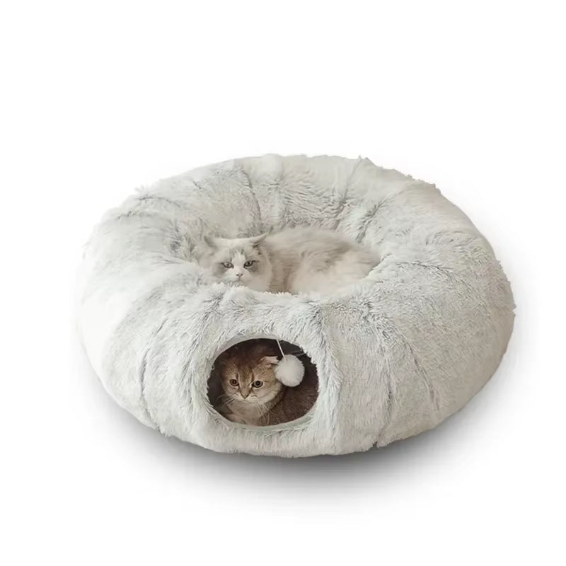 Plush Cat Bed with Tunnel for Indoor Cats Multifunctional Cat Tunnel Bed with Peephole Fluffy Donut Cat Bed with Tunnel